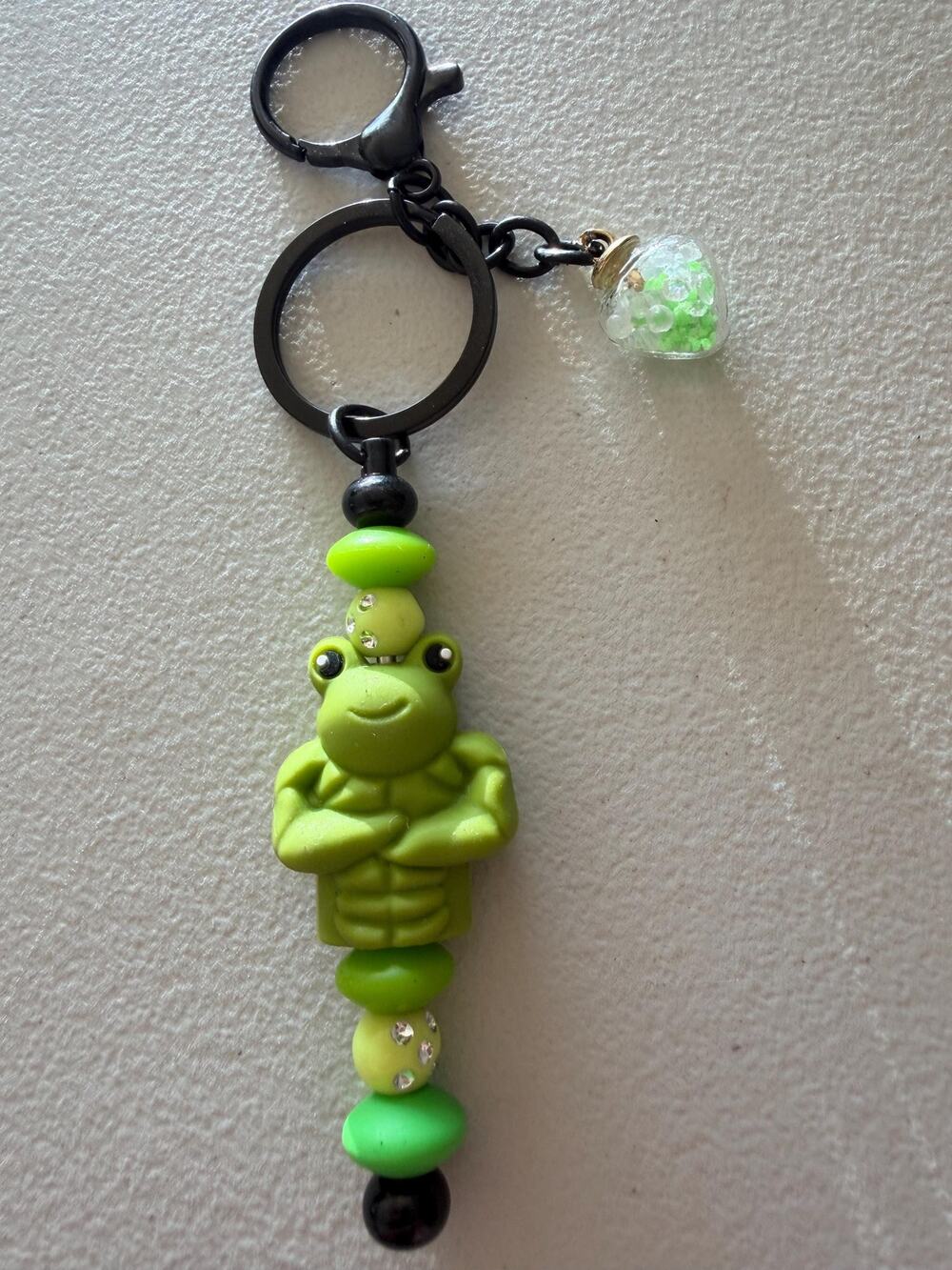 Buff Frog Silicone Bead Keychain, Muscular Frog Bag Charm, Fitness Key Ring